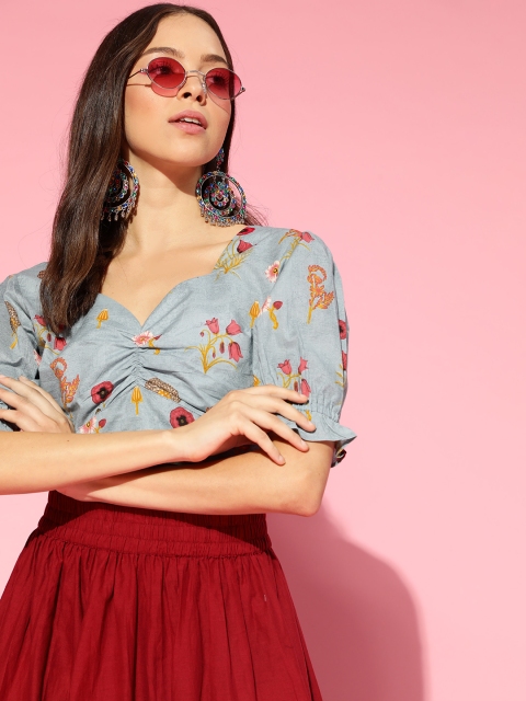 

AHIKA Blue & Red Floral Pure Cotton Blouson Crop Top