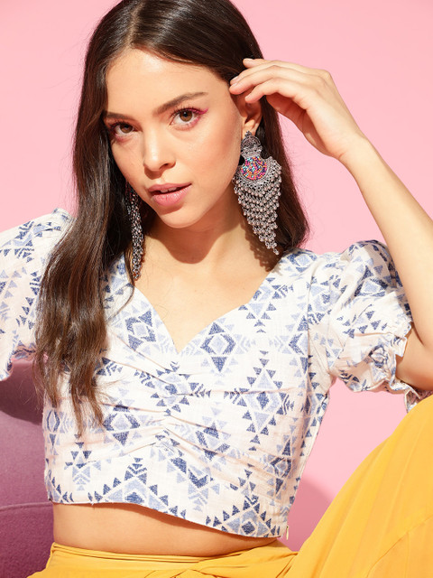

AHIKA Off White & Blue Pure Cotton Blouson Crop Top