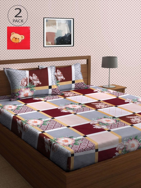 

KLOTTHE Maroon & Red Floral 210 TC 2 King Bedsheet with 4 Pillow Covers