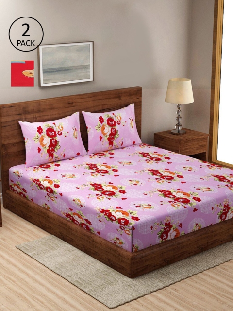 

KLOTTHE Pink & Red Floral 210 TC 2 King Bedsheet with 4 Pillow Covers