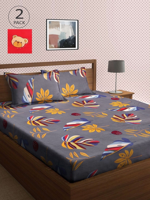 

KLOTTHE Grey & Red Floral 210 TC 2 King Bedsheet with 4 Pillow Covers