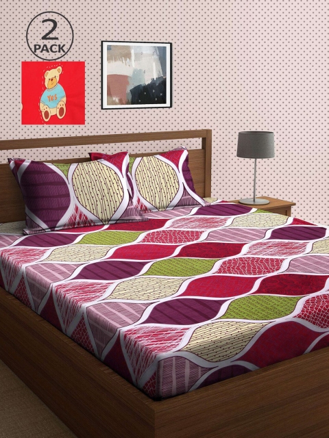 

KLOTTHE Red & Purple Conversational 210 TC 2 King Bedsheet with 4 Pillow Covers