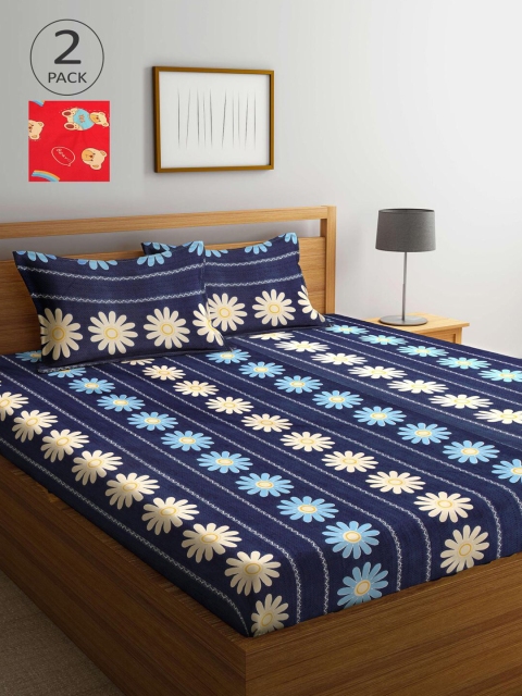 

KLOTTHE Red & Blue Floral 210 TC 2 King Bedsheets with 4 Pillow Covers