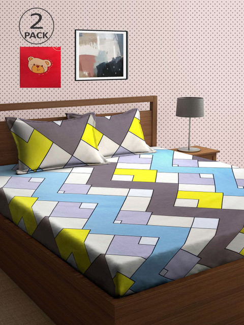 

KLOTTHE Blue & Grey Geometric 210 TC 2 King Bedsheet with 4 Pillow Covers