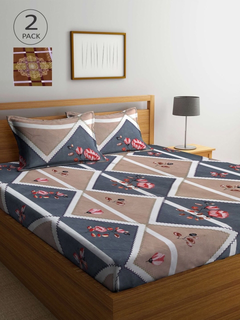 

KLOTTHE Grey & Brown Floral 210 TC 2 King Bedsheet with 4 Pillow Covers