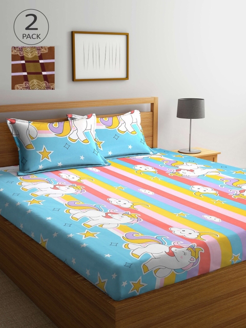 

KLOTTHE Brown & Blue Unicorn 210 TC 2 King Bedsheets with 4 Pillow Covers