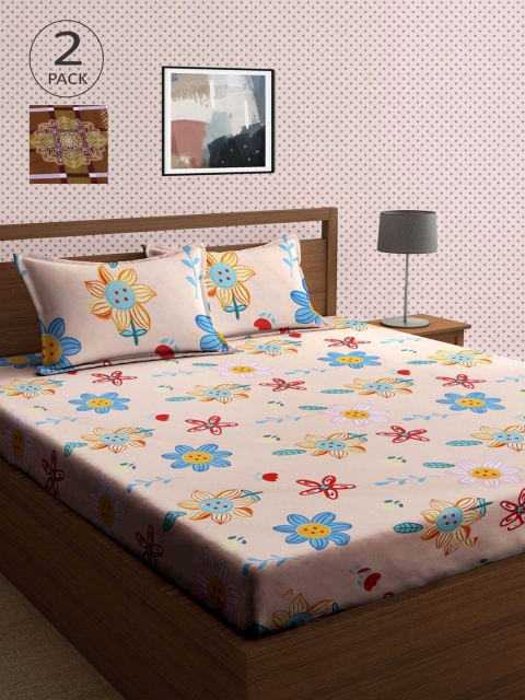 

KLOTTHE Brown & Blue Floral 210 TC 2 King Bedsheet with 4 Pillow Covers