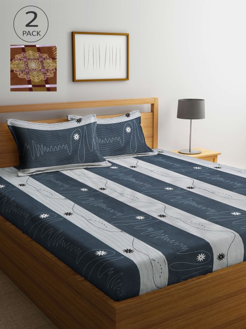 

KLOTTHE Grey & Brown Striped 210 TC 2 King Bedsheet with 4 Pillow Covers