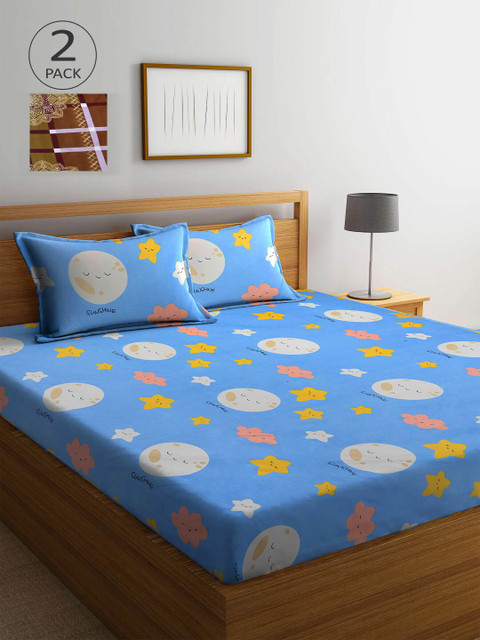 

KLOTTHE Blue & Brown Cartoon Characters 210 TC 2 King Bedsheet with 4 Pillow Covers