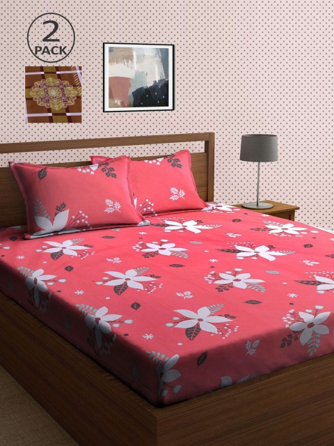 

KLOTTHE Pink & Brown Floral 210 TC 2 King Bedsheet with 4 Pillow Covers