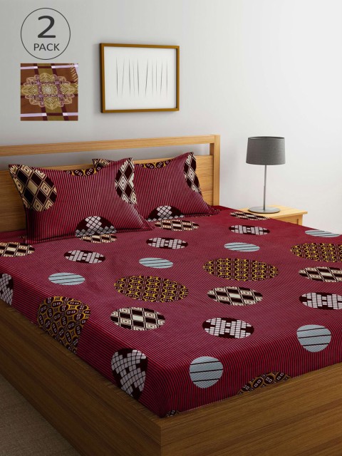 

KLOTTHE Brown & Red Geometric 210 TC 2 King Bedsheet with 4 Pillow Covers