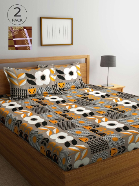 

KLOTTHE Brown & Grey Floral 210 TC 2 King Bedsheet with 4 Pillow Covers