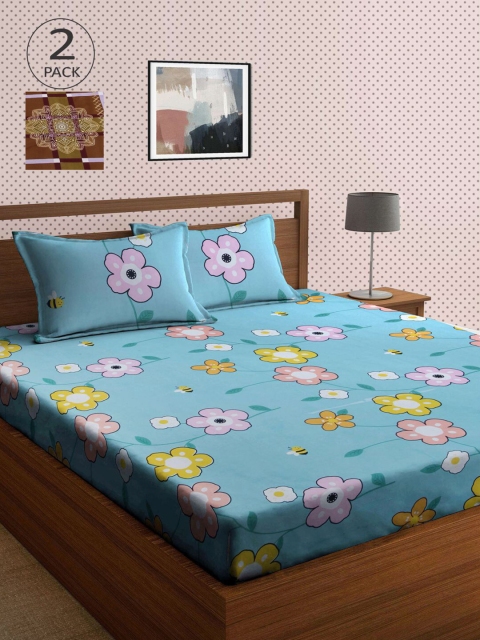 

KLOTTHE Blue & Brown Floral 210 TC 2 King Bedsheet with 4 Pillow Covers