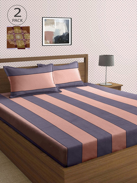 

KLOTTHE Grey & Brown Striped 210 TC 2 King Bedsheet with 4 Pillow Covers