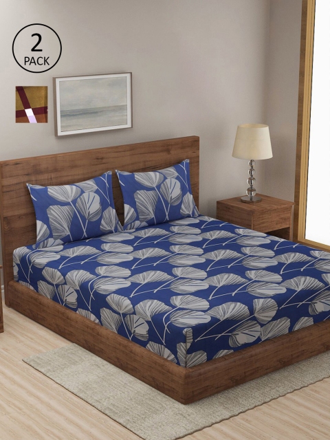 

KLOTTHE Navy Blue & Brown Floral 210 TC 2 King Bedsheet with 4 Pillow Covers