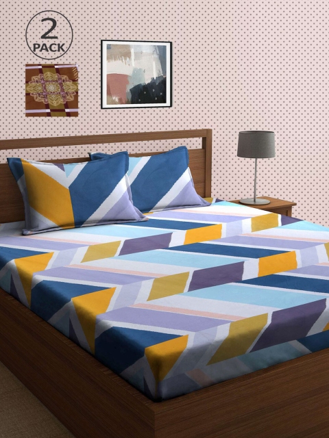

KLOTTHE Yellow & Blue Geometric 210 TC 2 King Bedsheet with 4 Pillow Covers