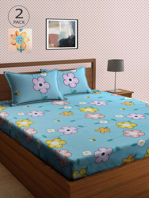 

KLOTTHE Set Of 2 210TC Double King Bedsheets With 4 Pillow Covers, Blue