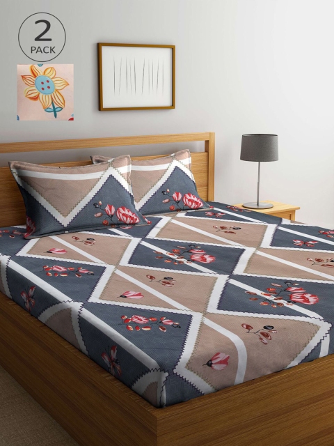 

KLOTTHE Grey & Brown Floral 210 TC 2 King Bedsheet with 4 Pillow Covers