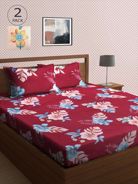

KLOTTHE Maroon & Cream-Coloured Floral 210 TC 2 King Bedsheet with 4 Pillow Covers