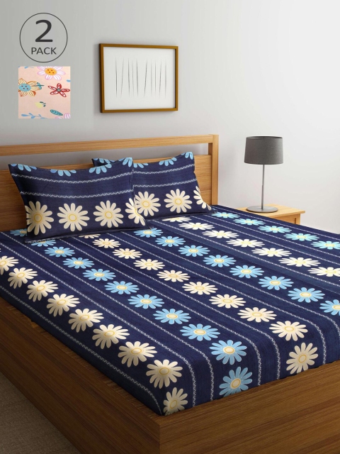 

KLOTTHE Navy Blue & Beige Floral 210 TC 2 King Bedsheet with 4 Pillow Covers