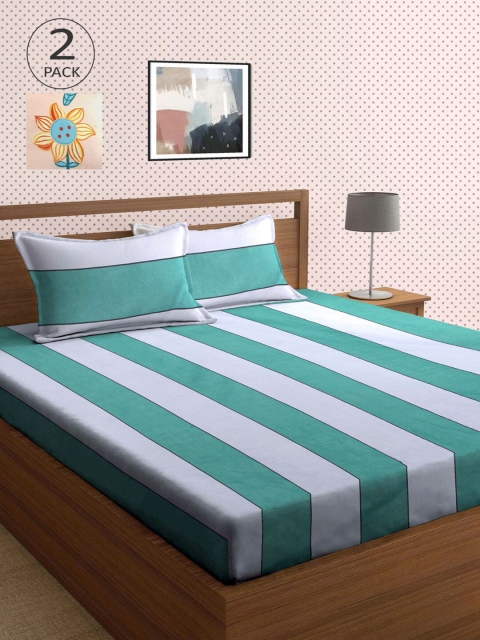 

KLOTTHE Green & Cream-Coloured Striped 210 TC 2 King Bedsheet with 4 Pillow Covers