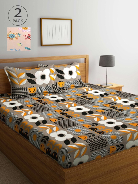

KLOTTHE Black & Yellow Floral 210 TC 2 King Bedsheet with 4 Pillow Covers