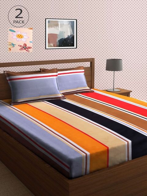 

KLOTTHE Cream-Coloured & Grey Graphic 210 TC 2 King Bedsheet with 4 Pillow Covers