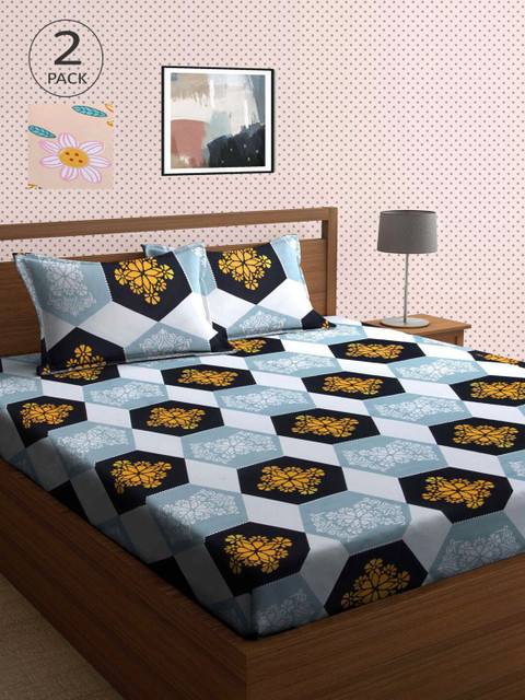 

KLOTTHE Blue & Black Geometric 210 TC 2 King Bedsheet with 4 Pillow Covers