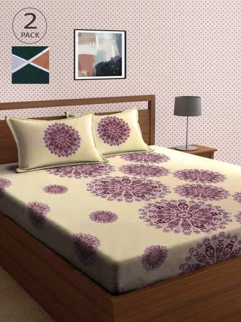 

KLOTTHE Cream-Coloured & Green 210 TC 2 King Bedsheet with 4 Pillow Covers
