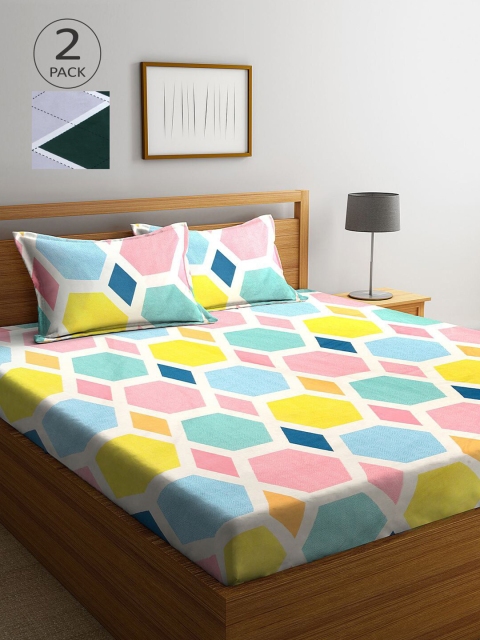 

KLOTTHE Yellow & Green Geometric 210 TC 2 King Bedsheet with 4 Pillow Covers