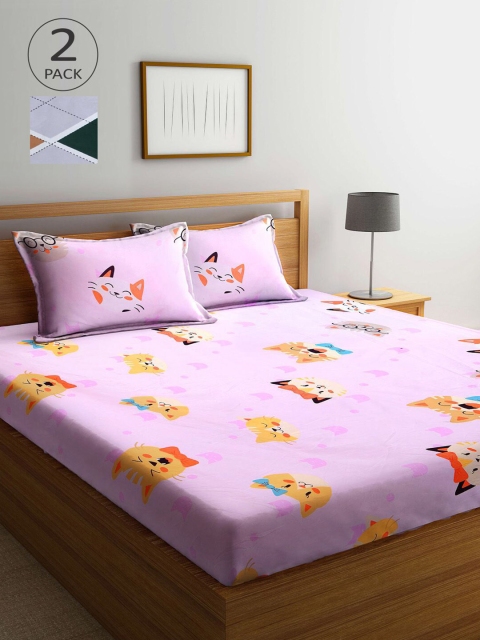 

KLOTTHE Green & Lavender Cartoon Characters 210 TC 2 King Bedsheet with 4 Pillow Covers