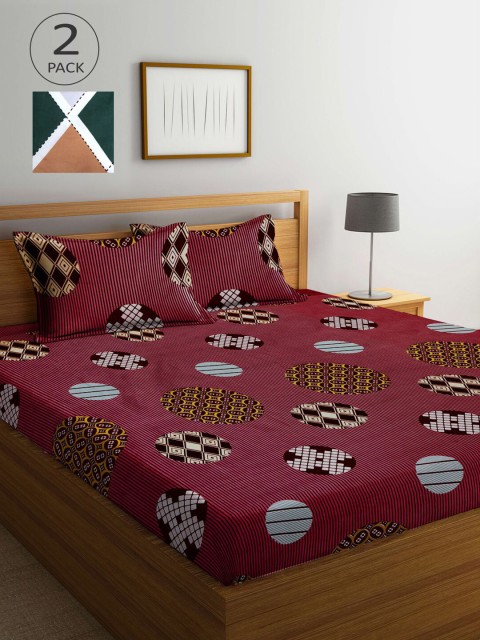 

KLOTTHE Maroon & Green Geometric 210 TC 2 King Bedsheet with 4 Pillow Covers