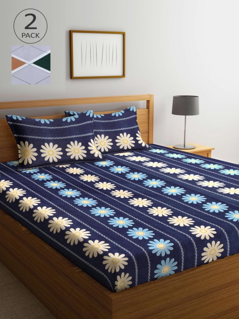 

KLOTTHE Blue & Green Floral 210 TC 2 King Bedsheet with 4 Pillow Covers