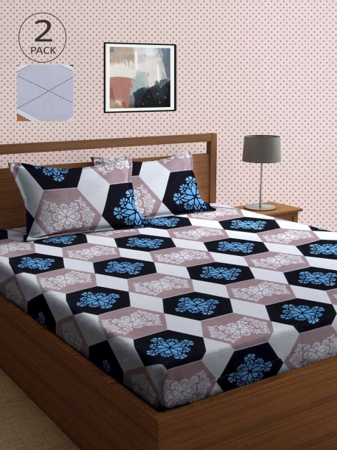 

KLOTTHE Blue & Black Geometric 210 TC 2 King Bedsheet with 4 Pillow Covers