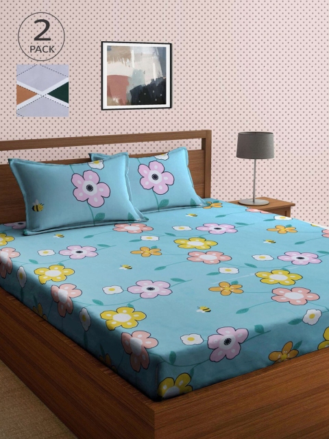 

KLOTTHE Blue & Green Floral 210 TC 2 King Bedsheet with 4 Pillow Covers