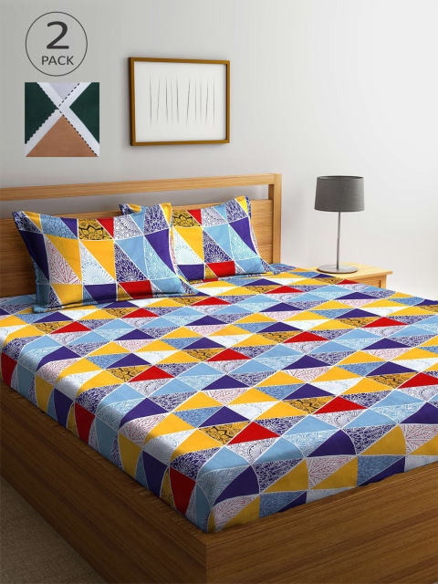 

KLOTTHE Blue & Green Geometric 210 TC 2 King Bedsheet with 4 Pillow Covers