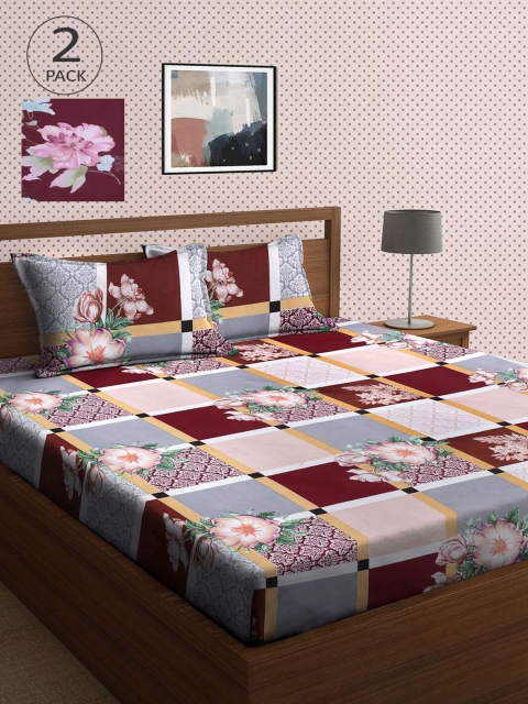 

KLOTTHE Mauve & Grey Floral 210 TC 2 King Bedsheet with 4 Pillow Covers