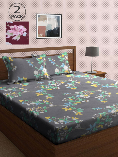 

KLOTTHE Grey & Purple Floral 210 TC 2 King Bedsheet with 4 Pillow Covers