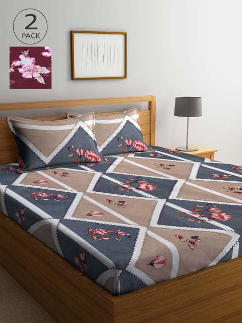 

KLOTTHE Mauve & Taupe Floral 210 TC 2 King Bedsheet with 4 Pillow Covers