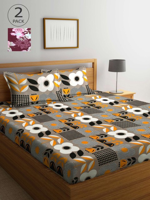 

KLOTTHE Grey & Purple Floral 210 TC 2 King Bedsheet with 4 Pillow Covers