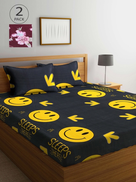 

KLOTTHE Set Of 2 210TC Double King Bedsheets With 4 Pillow Covers, Black