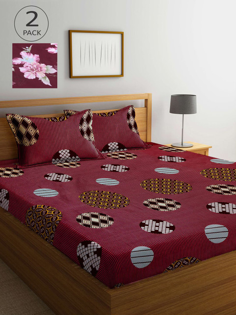 

KLOTTHE Maroon & Mauve Geometric 210 TC 2 King Bedsheet with 4 Pillow Covers