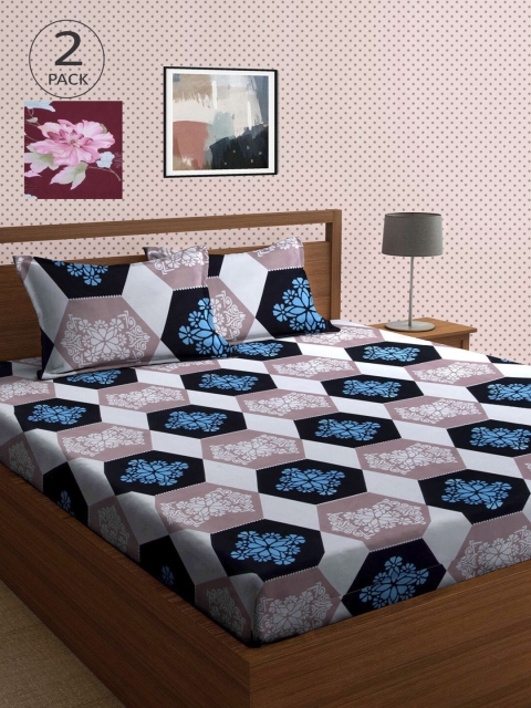 

KLOTTHE Blue & Black Geometric 210 TC 2 King Bedsheet with 4 Pillow Covers