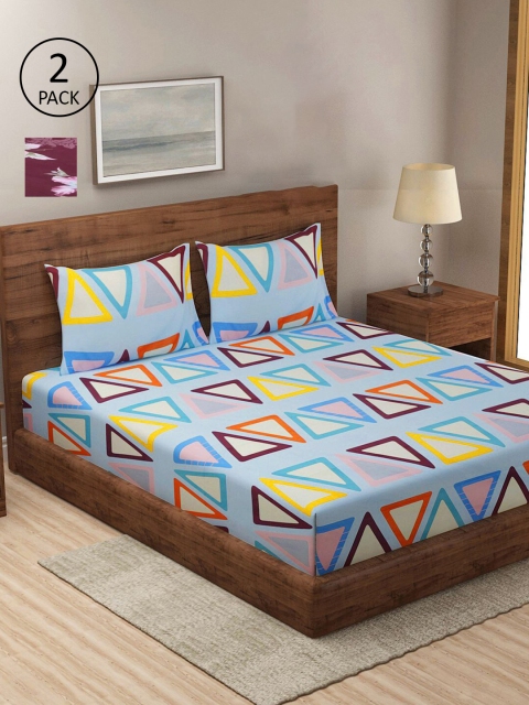 

KLOTTHE Blue & Purple Geometric 210 TC 2 King Bedsheet with 4 Pillow Covers