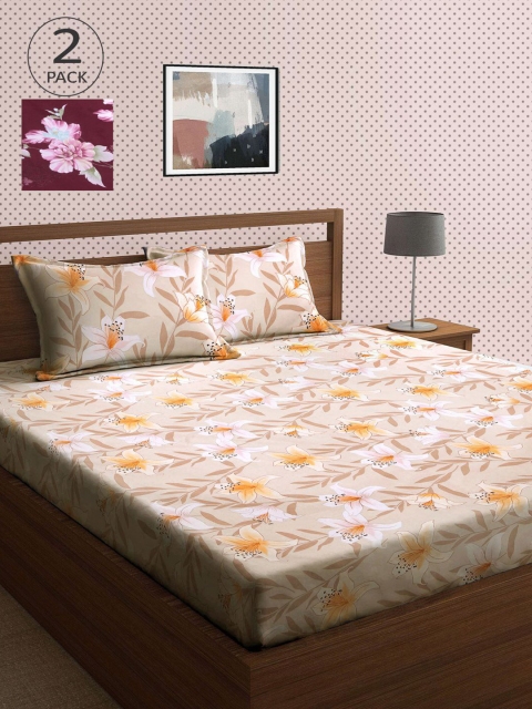 

KLOTTHE Orange & Maroon Floral 210 TC 2 King Bedsheet with 4 Pillow Covers