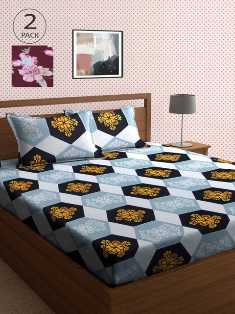 

KLOTTHE Purple & Blue Geometric 210 TC 2 King Bedsheet with 4 Pillow Covers