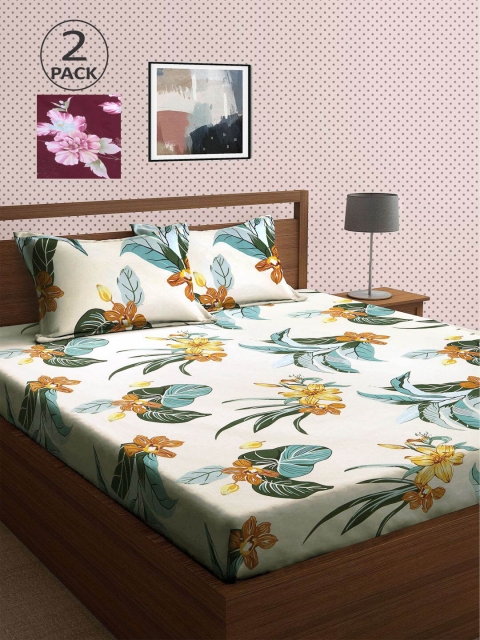 

KLOTTHE Set Of 2 - 210TC Double King Bedsheets With 4 Pillow Covers, Off white