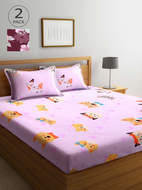 

KLOTTHE Purple & Pink Cartoon Characters 210 TC 2 King Bedsheet with 4 Pillow Covers