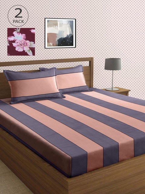 

KLOTTHE Multicoloured Striped 210 TC 2 King Bedsheet with 4 Pillow Covers, Multi