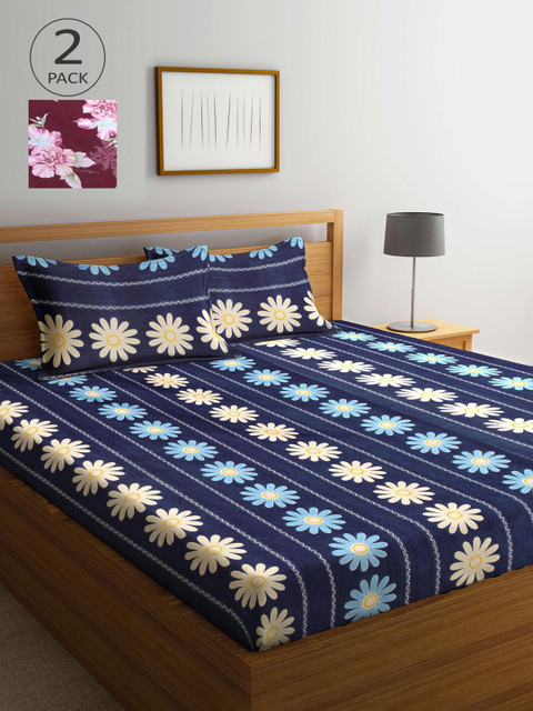 

KLOTTHE Blue & Maroon Floral 210 TC 2 King Bedsheet with 4 Pillow Covers